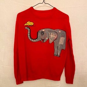 Red sweater with tufted and embroidered designs, size small